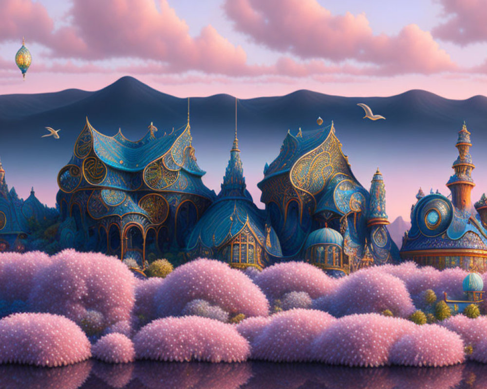 Fantasy palace with blue roofs in pink cloud landscape at dusk