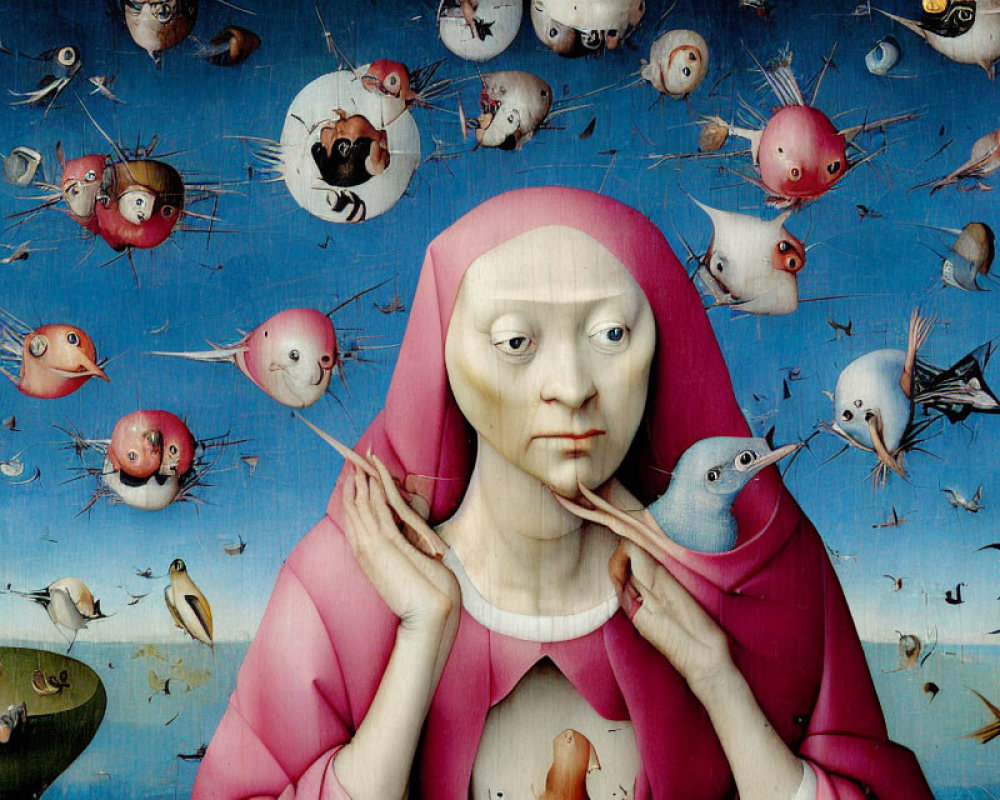 Surreal painting of woman in red cloak with floating heads and birds against blue sky