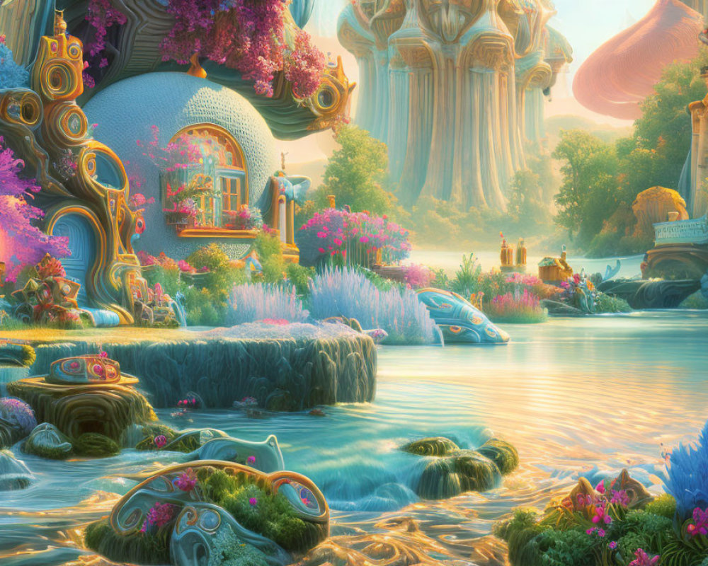 Colorful flora, whimsical structures, and serene river in fantasy landscape