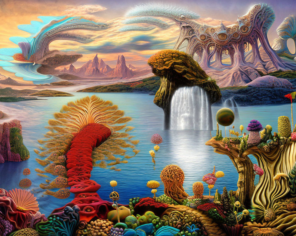 Colorful Fantasy Landscape with Organic Structures and Waterfalls