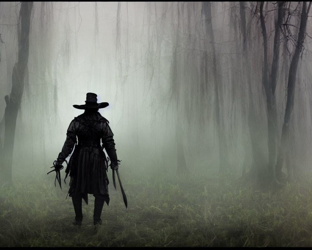 Mysterious figure in hat and coat in misty forest landscape