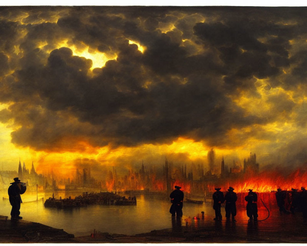 Vibrant painting of onlookers watching city blaze at dusk