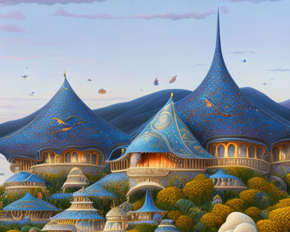 Fantastical palace painting with spired rooftops and flying carpets