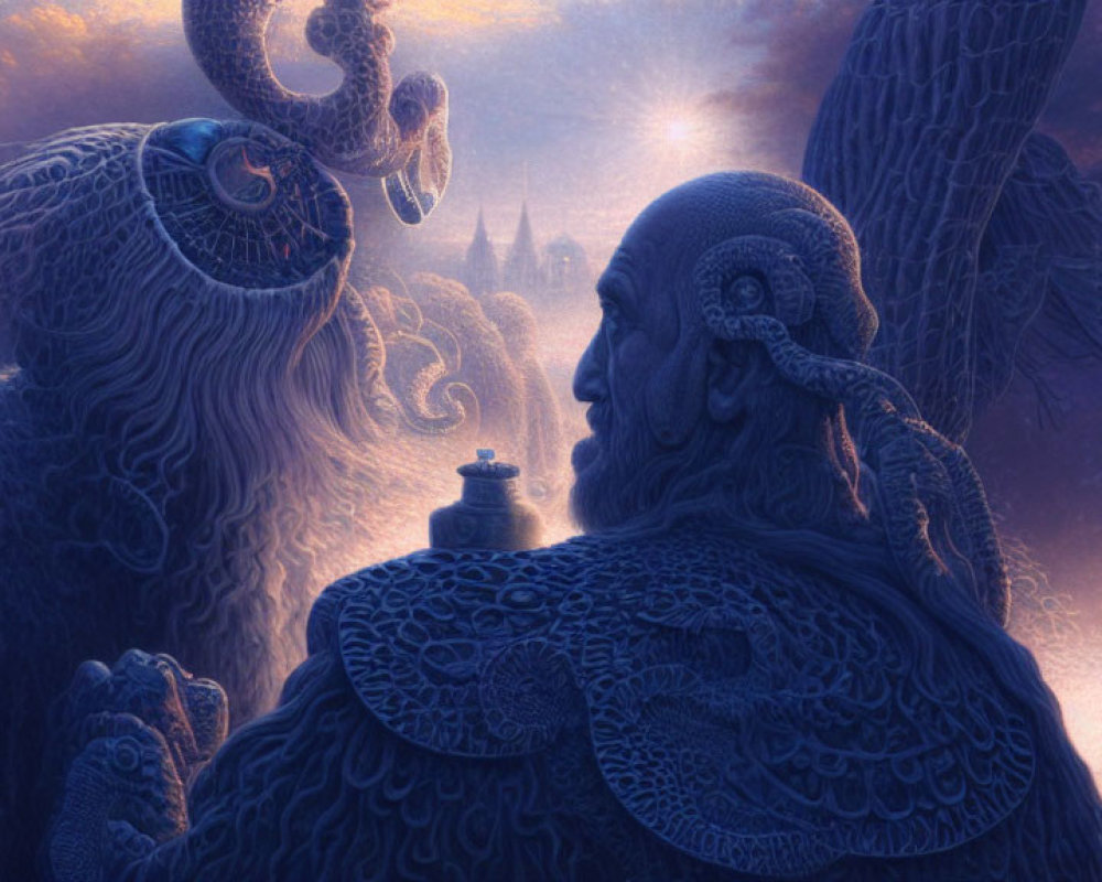 Intricately Patterned Mythical Beings in Purple Misty Scene