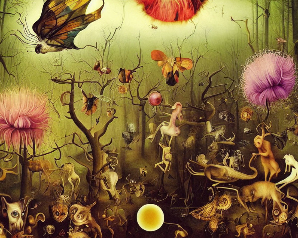 Fantastical forest scene with whimsical creatures and surreal plants