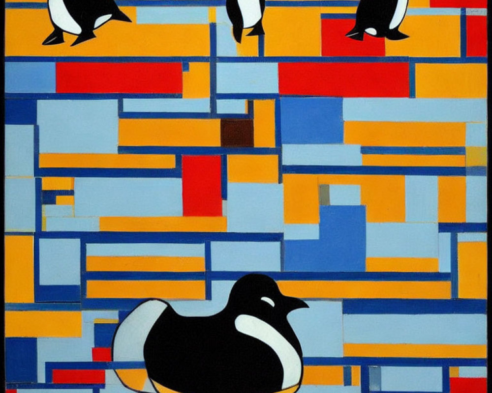 Abstract Painting of Four Stylized Penguins on Colorful Grid