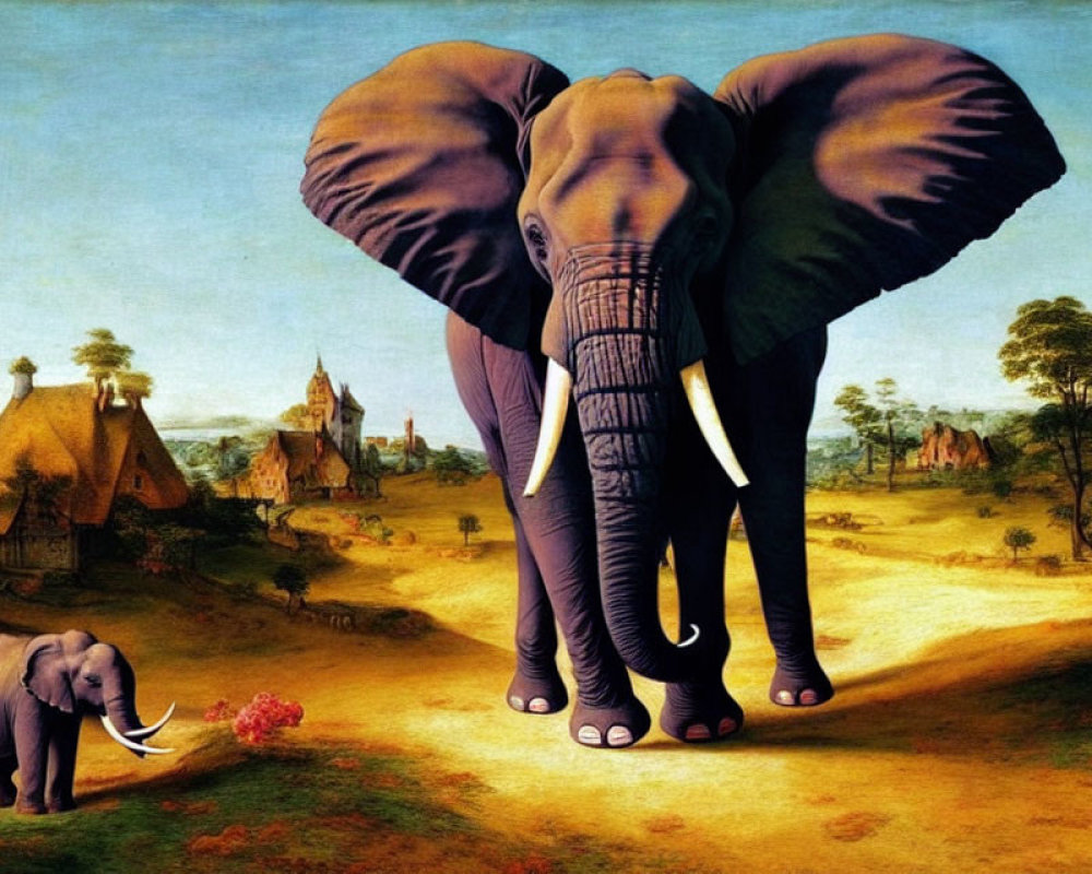 Surreal painting of giant and small elephants in countryside scenery