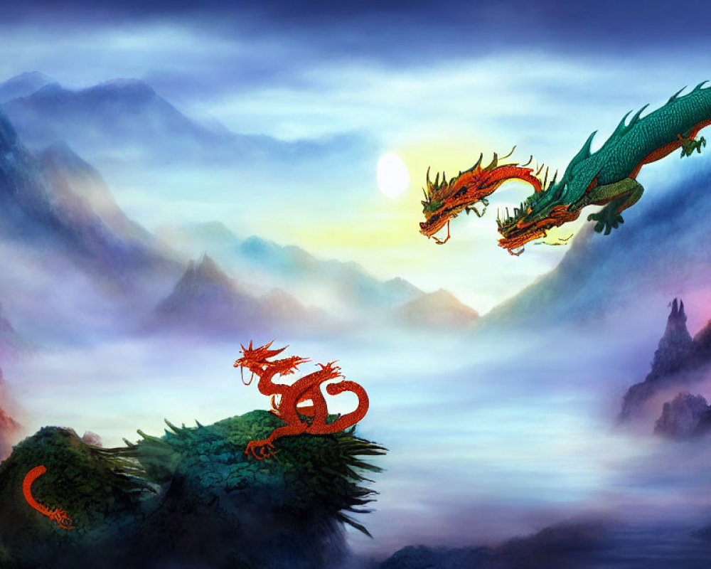 Traditional Asian dragon artwork: Two dragons in misty mountain sunrise