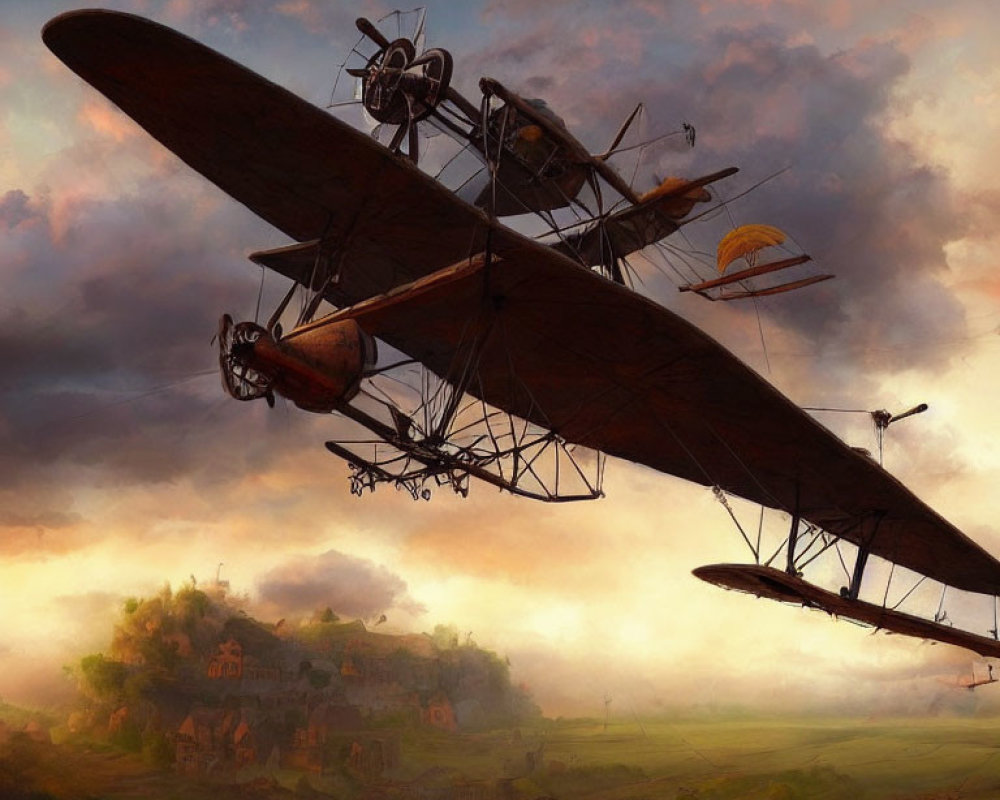 Vintage Biplane Flying over Sunset Pastoral Landscape