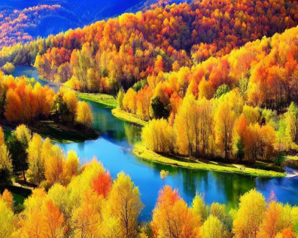 Colorful Autumn Landscape with Meandering River and Trees