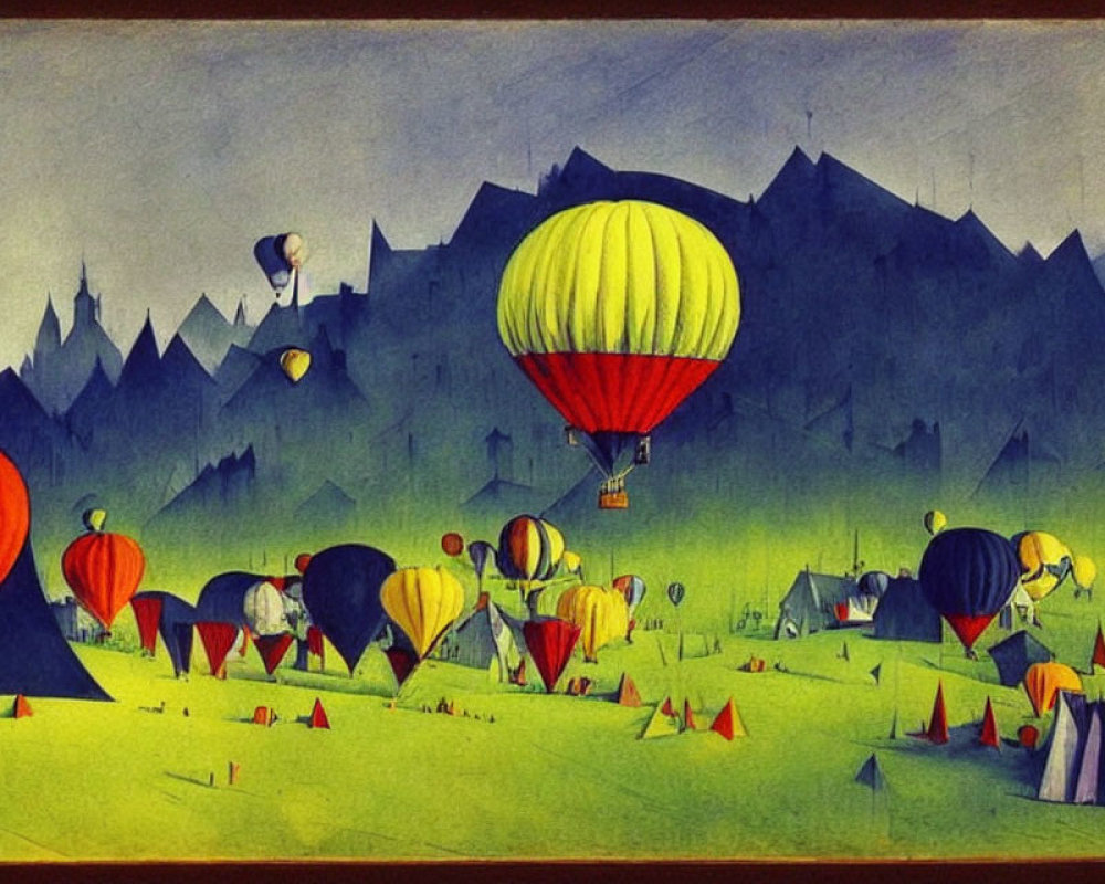 Vibrant hot air balloons on grass with mountain backdrop