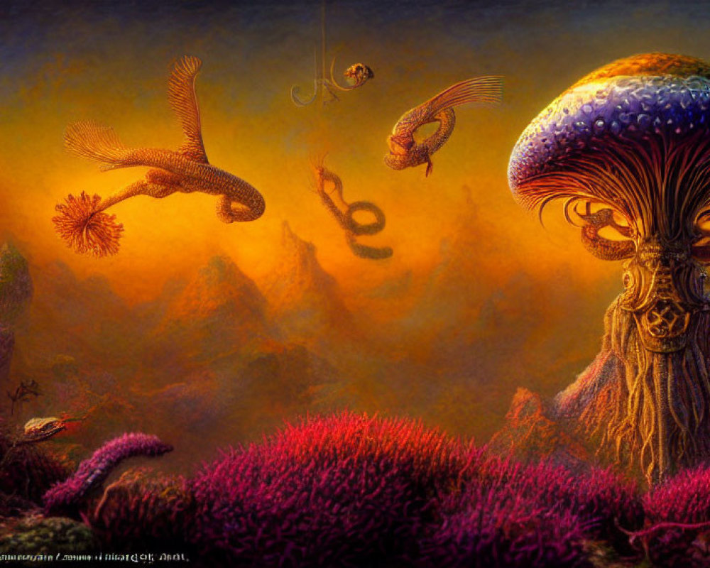 Vibrant coral, towering jellyfish, humanoid figures in alien ocean