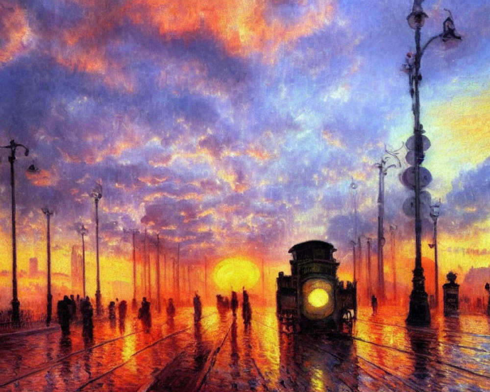 Impressionist-style painting: Busy street at sunset with silhouettes, street lamps, tram,