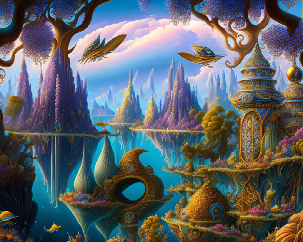 Colorful fantasy landscape with whimsical elements and floating islands.