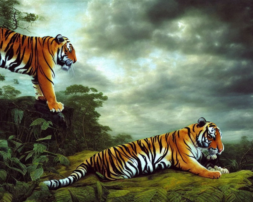 Two Tigers in Lush Jungle with Cloudy Skies