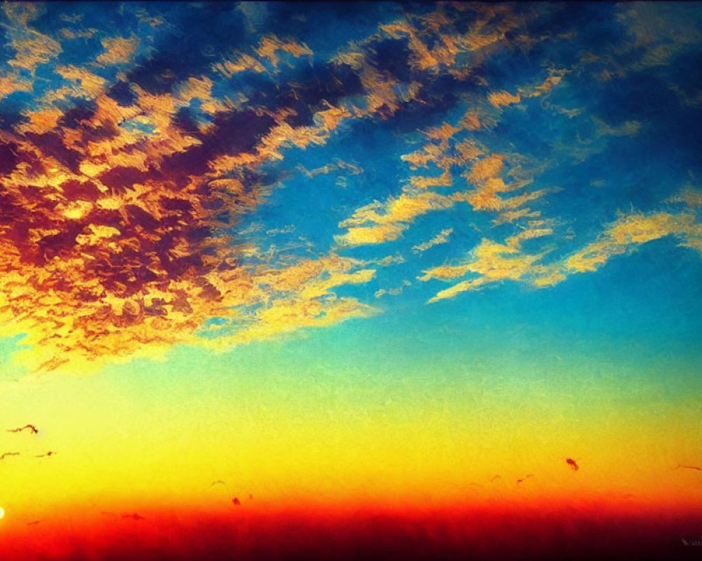 Colorful sunset with yellow to blue gradient, fluffy clouds, and birds in flight.