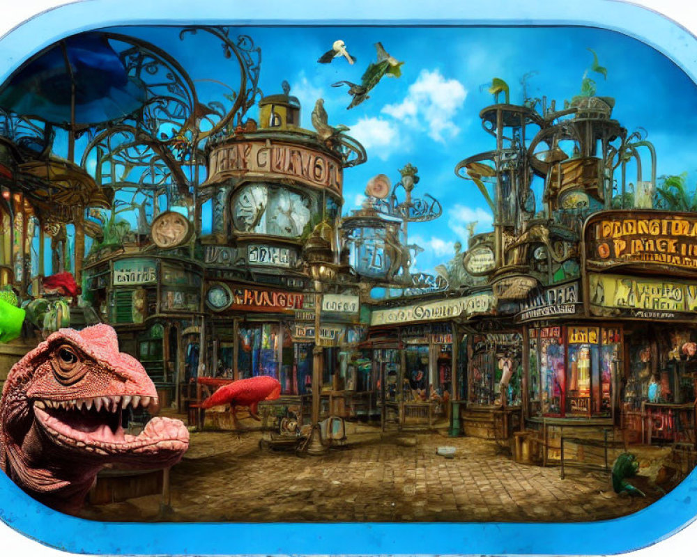 Whimsical arcade with dinosaur, flying machine, and quirky booths under blue sky