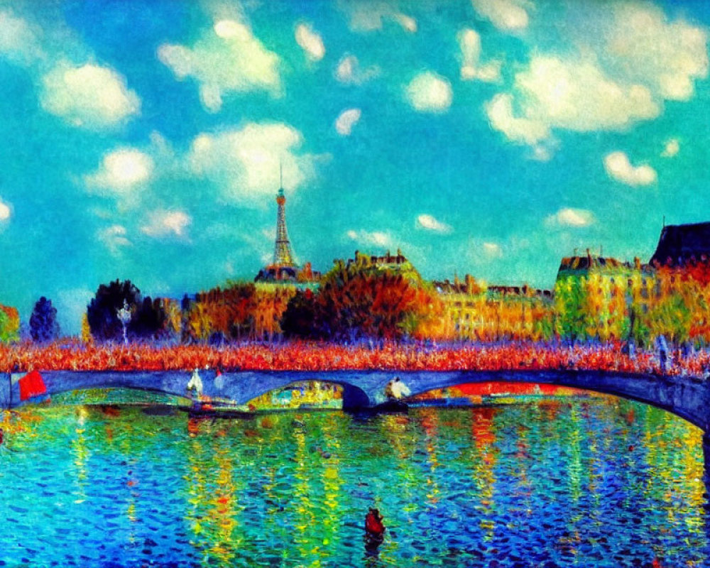 Impressionist-style Parisian painting with Eiffel Tower, Seine bridge, and colorful foliage