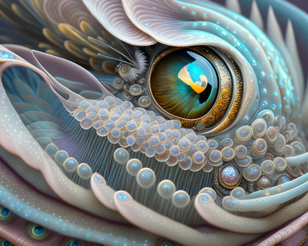 Detailed surreal eye illustration with feather-like patterns and jewel-like elements in cool colors.