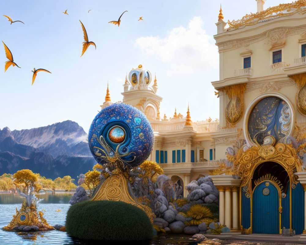 Ornate building with golden gates and peacock sculpture in natural setting