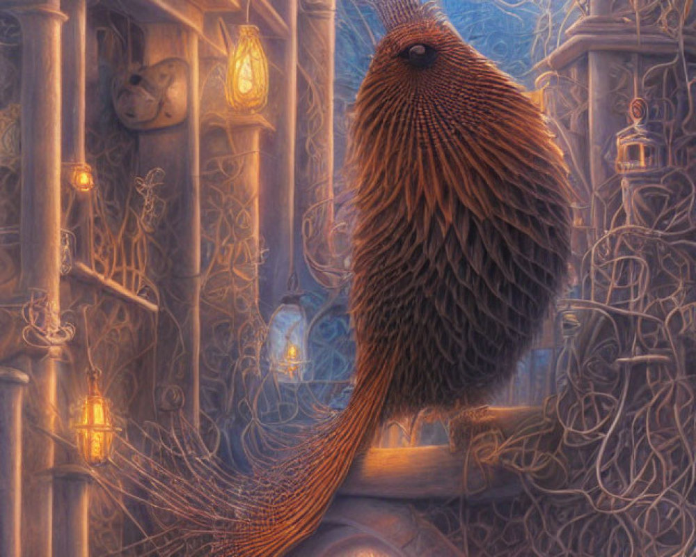 Illustration of bird-like creature in lantern-lit corridor