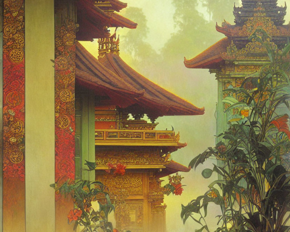 Ornate Asian temples in misty lush surroundings