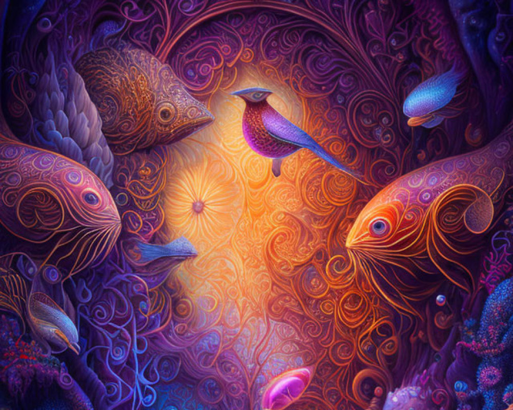 Colorful Fish-Like Creatures in Psychedelic Artwork