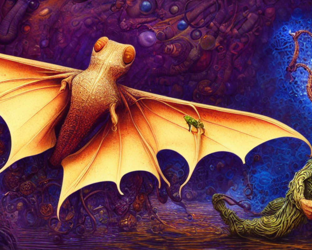 Colorful Fantasy Artwork: Orange Winged Creature and Green Dragon in Surreal Background