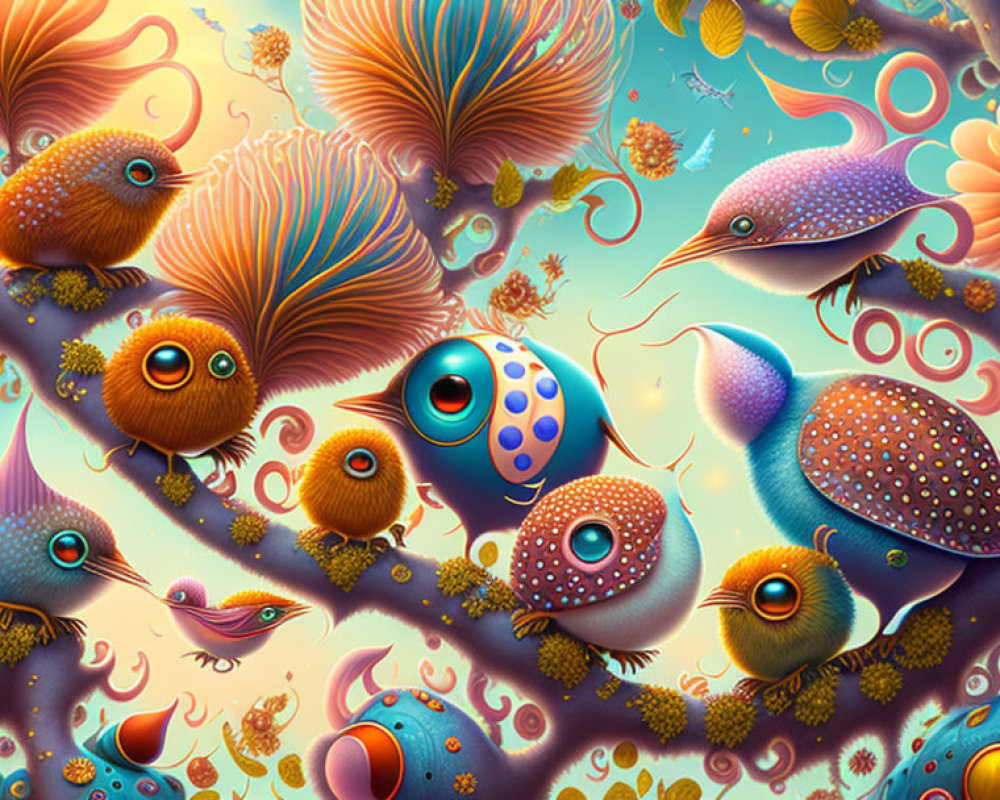 Colorful, stylized creatures in underwater fantasy with coral-like elements