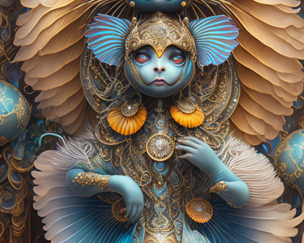 Blue-skinned creature in ornate gold and blue attire with multiple eyes and feathers.