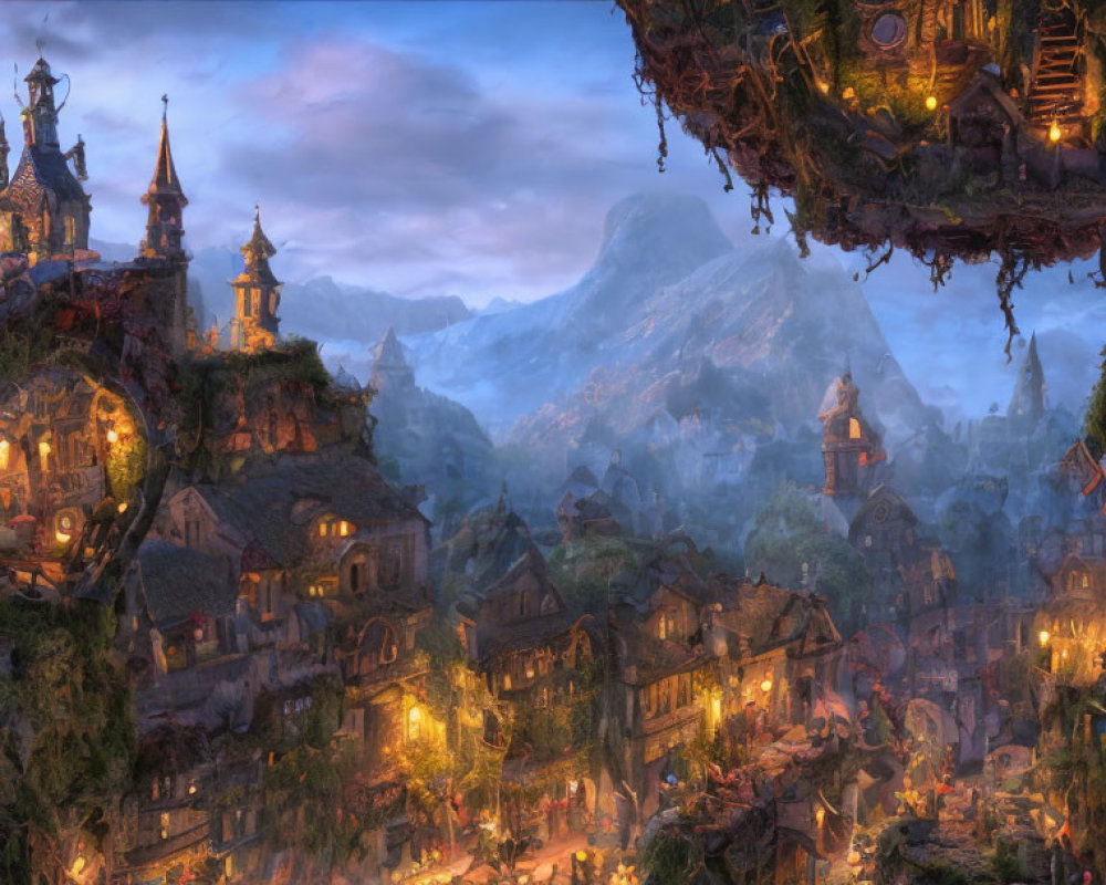 Enchanting village on cliffs with illuminated buildings, floating island, and mountain backdrop at dusk