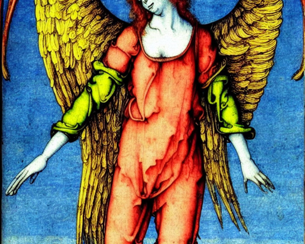 Angel illustration: orange robe, golden wings, serene expression, blue background