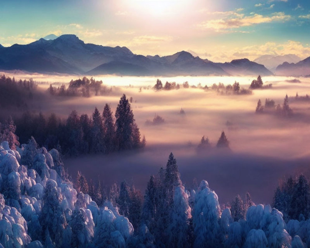 Misty Valley with Snow-Covered Trees at Sunrise or Sunset