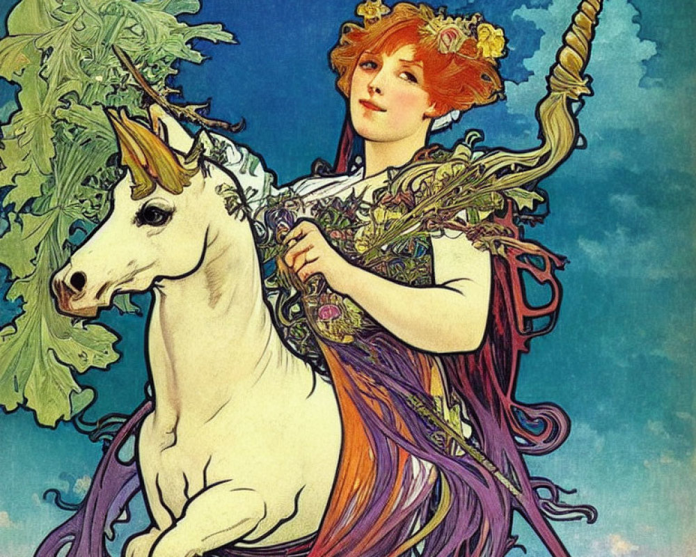 Woman riding majestic unicorn in vibrant dress on blue background