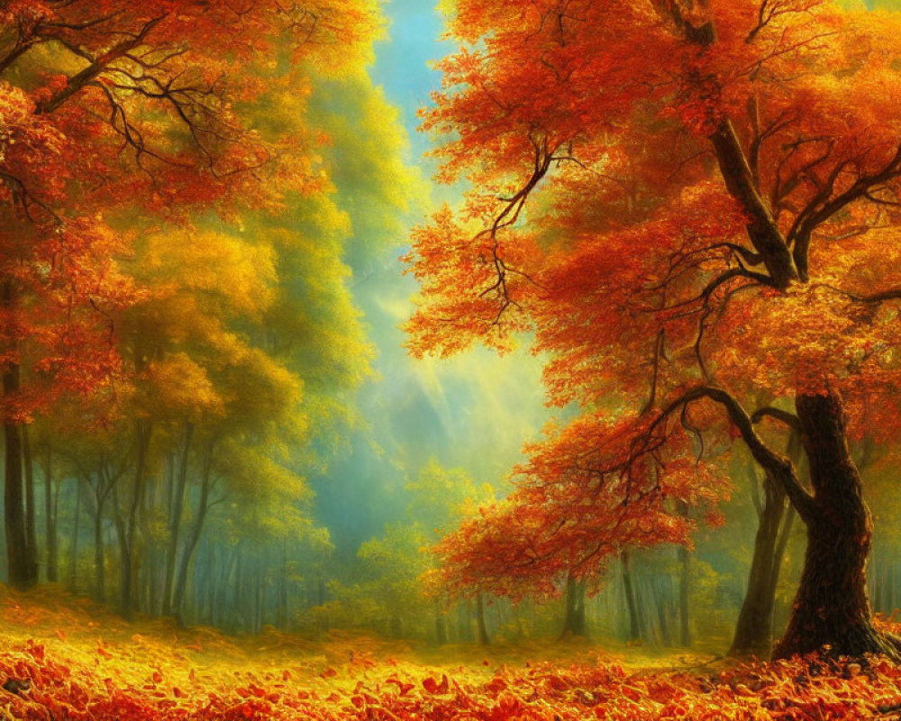 Scenic autumn forest with golden sunlight and colorful foliage