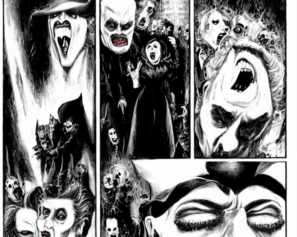 Monochrome comic strip art: horror scenes with screaming characters, ghosts, and sinister figures