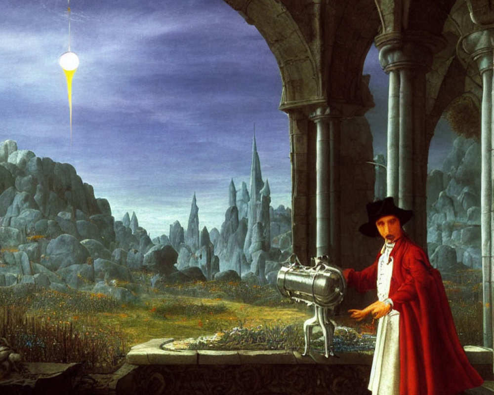 Historical figure with glowing orb at table in surreal landscape