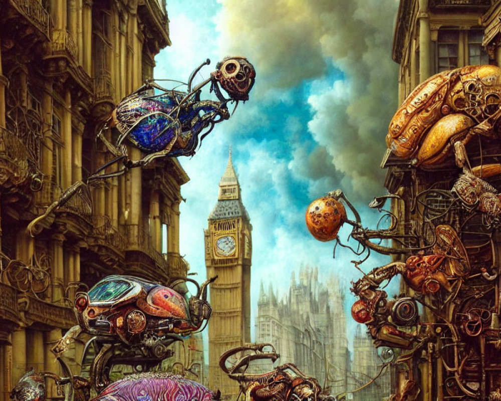 Surreal artwork of robotic insects with gears, flying by Big Ben and Victorian buildings