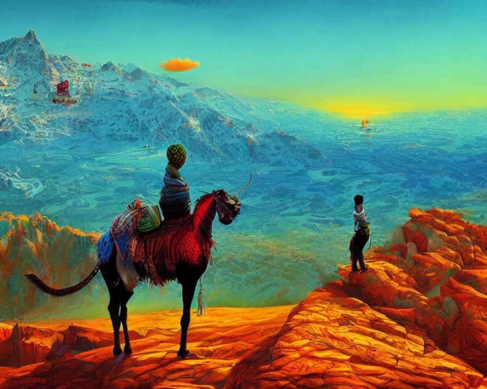 Person standing on rocky outcrop admiring mountains, another riding striped creature under orange sky