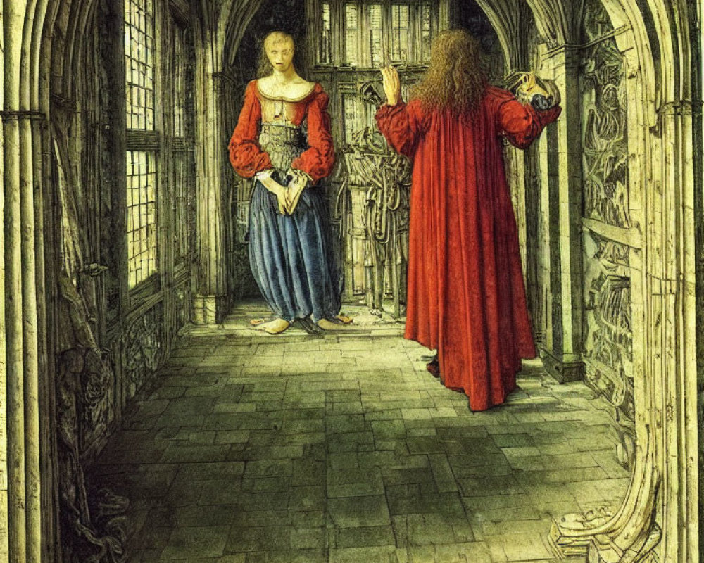 Medieval-style illustration of man and woman in red and blue attire in stone corridor with gothic arch