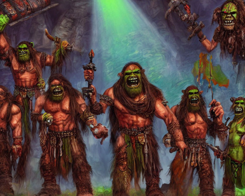 Five menacing animated orcs with weapons under green light