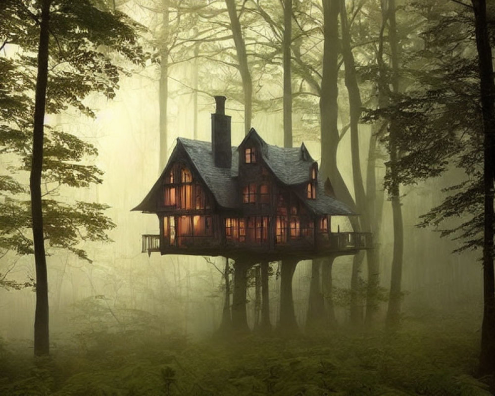 Cozy house in misty forest with glowing windows