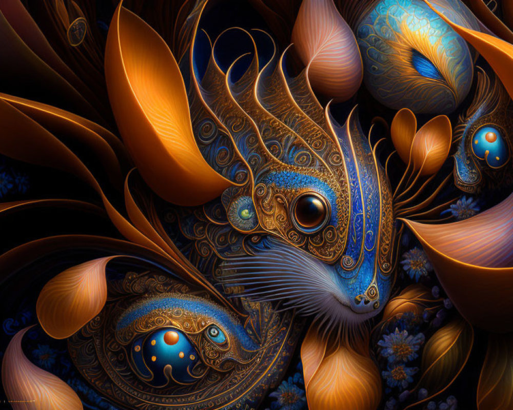 Ornate Swirling Patterns in Blue, Orange, & Brown