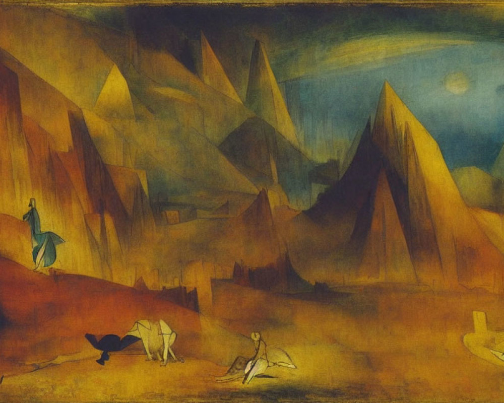 Surreal yellow-orange landscape with sharp mountains and unique figures