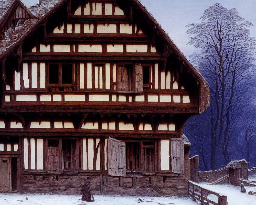 Snow-covered roof on traditional half-timbered house with bare trees and wooden fence