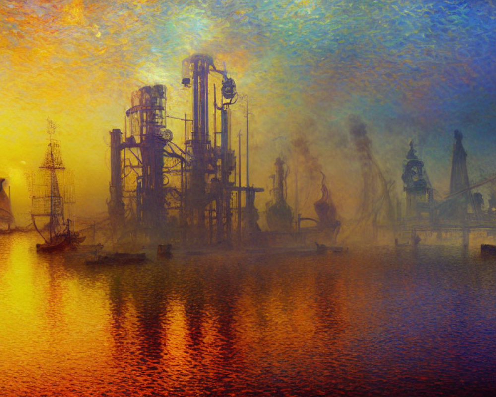 Vibrant industrial landscape with boats and fog reflected on water