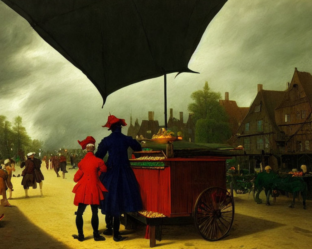 Colorful street scene with person in blue and child in red under umbrella, observing fruit cart in bustling