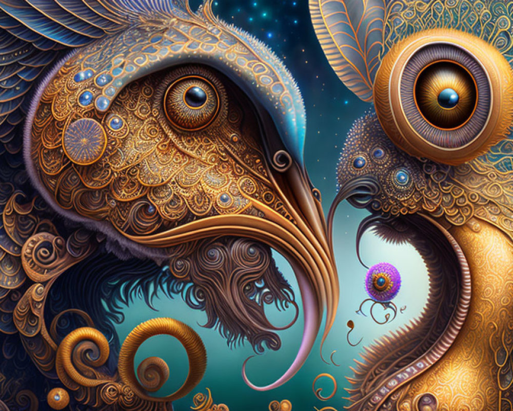 Intricately designed surreal owls with detailed eyes and ornate feathers in blues, oranges,