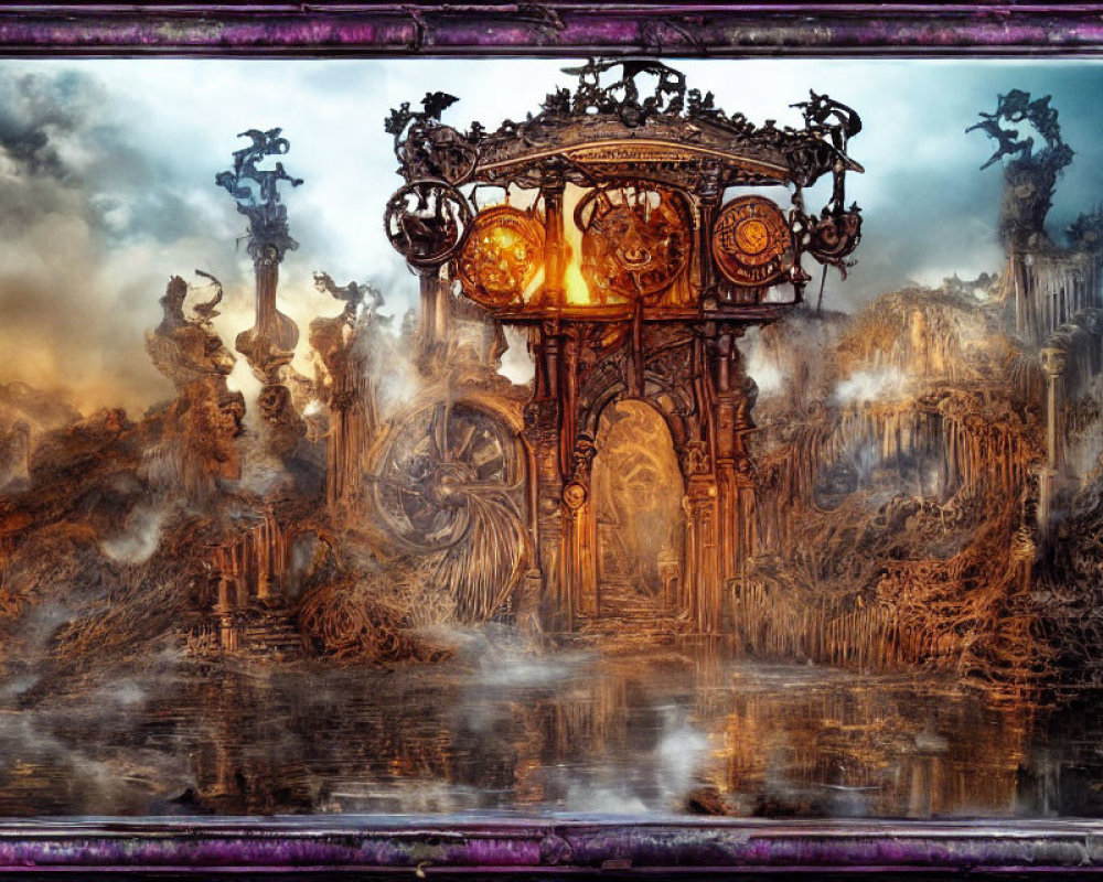 Fantastical gate with glowing orbs in misty landscape