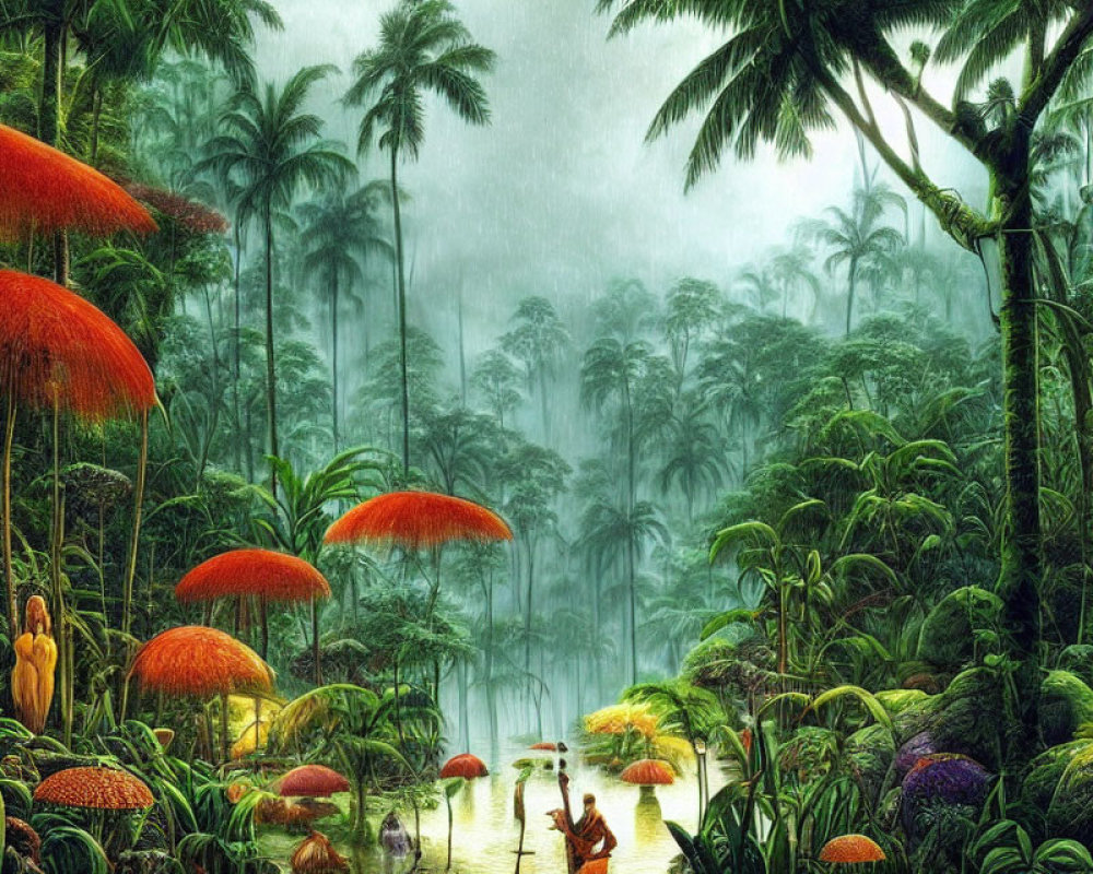 Fantastical jungle scene with oversized mushrooms and serene river